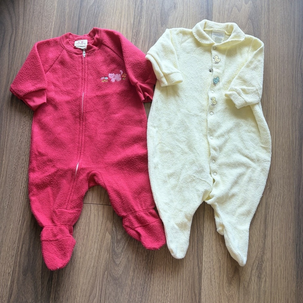 Vintage Carters 3-6M Footed Pajama Lot 2 Ducks & Kitty Fleece Terry Cloth